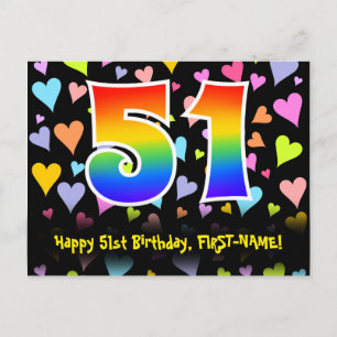 51st Birthday: Fun Hearts Pattern, Rainbow 51 Postcard
