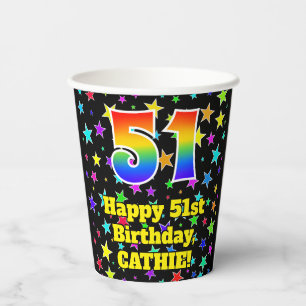 51st Birthday: Fun Stars Pattern and Rainbow 51 Paper Cups