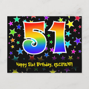 51st Birthday: Fun Stars Pattern, Rainbow 51, Name Postcard