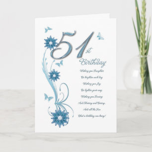 51st birthday in teal with flowers and butterfly card
