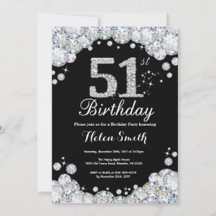 51st Birthday Invitation Chalkboard Silver Diamond