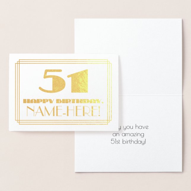 51st Birthday; Name + Art Deco Inspired Look "51" Foil Card (Display)