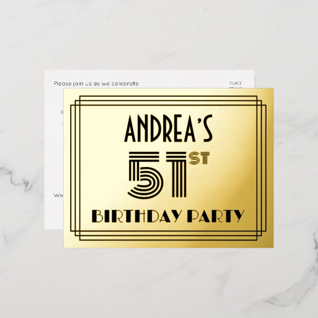 51st Birthday Party ~ Art Deco Style “51” + Name Foil Invitation Postcard (Front/Back)