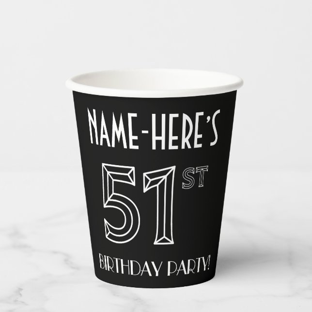 51st Birthday Party: Art Deco Style + Custom Name Paper Cups (Front)