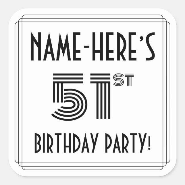 51st Birthday Party: Art Deco Style + Custom Name Square Sticker (Front)