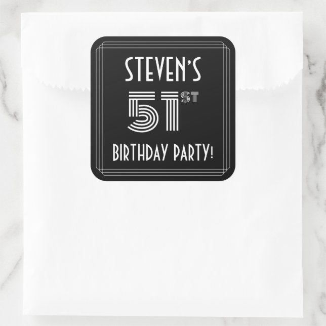 51st Birthday Party: Art Deco Style & Custom Name Square Sticker (Bag)