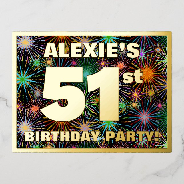51st Birthday Party: Bold, Colourful Fireworks Loo Foil Invitation Postcard (Front)