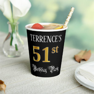 51st Birthday Party — Fancy Script, Faux Gold Look Paper Cups