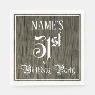 51st Birthday Party — Fancy Script, Faux Wood Lo Napkin