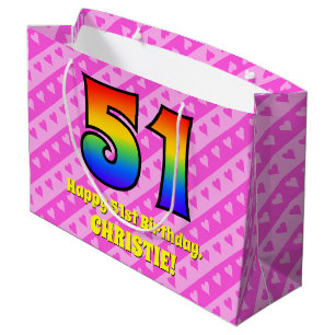 51st Birthday: Pink Stripes & Hearts, Rainbow # 51 Large Gift Bag