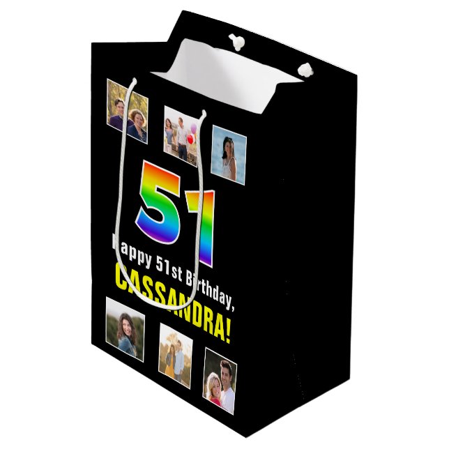 51st Birthday: Rainbow “51“, Custom Photos & Name Medium Gift Bag (Front Angled)