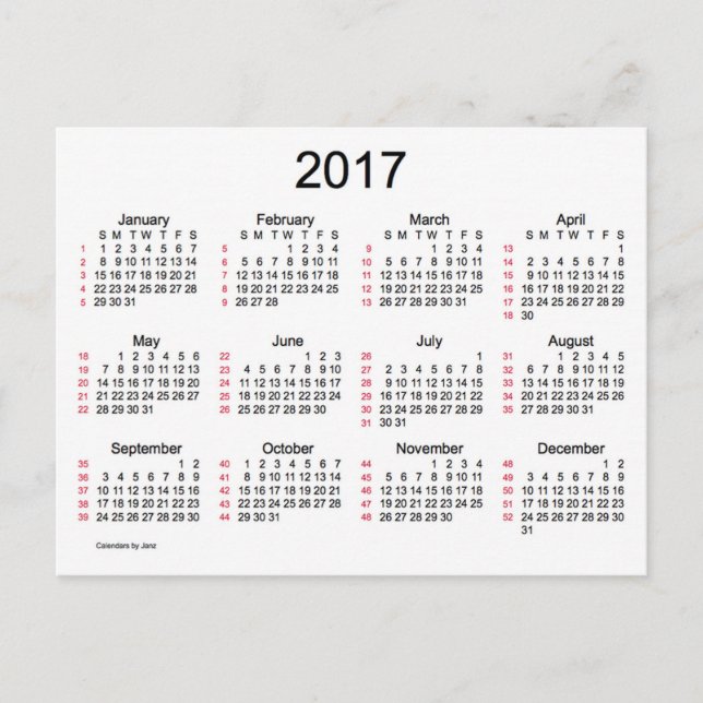52 Weeks 2017 Mini Calendar by Janz Postcard (Front)