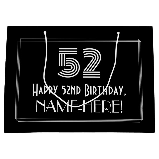 52nd Birthday — Art Deco Inspired Look "52" & Name Large Gift Bag (Front)
