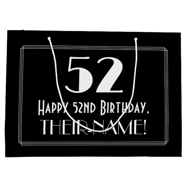 52nd Birthday: Art Deco Inspired Style "52", Name Large Gift Bag (Back)