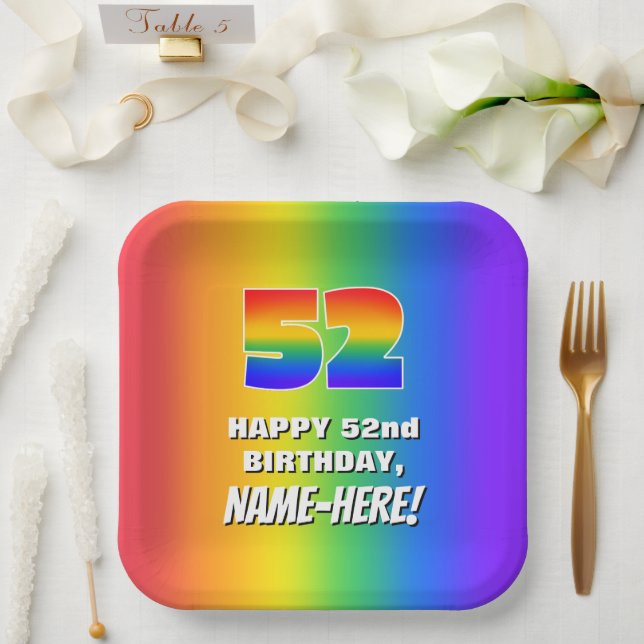 52nd Birthday: Colorful, Fun Rainbow Pattern # 52 Paper Plate (Wedding)