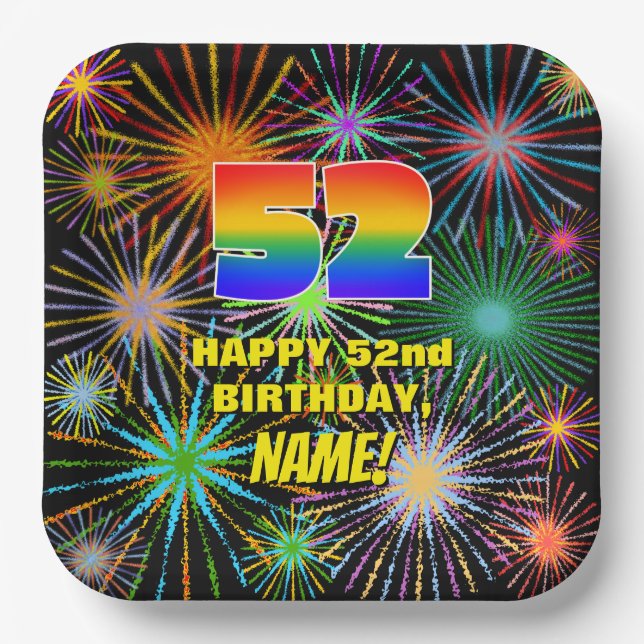52nd Birthday: Colourful, Fun Celebratory Firework Paper Plate (Front)
