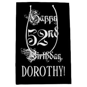 52nd Birthday: Fancy, Elegant Script + Custom Name Medium Gift Bag