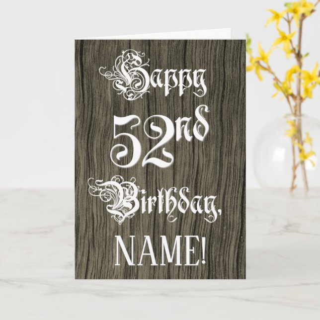 52nd Birthday: Fancy, Elegant Text; Faux Wood Look Card (Yellow Flower)