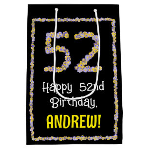 52nd Birthday: Floral Flowers Number, Custom Name Medium Gift Bag