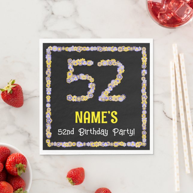 52nd Birthday: Floral Flowers Number, Custom Name Napkin (Insitu)