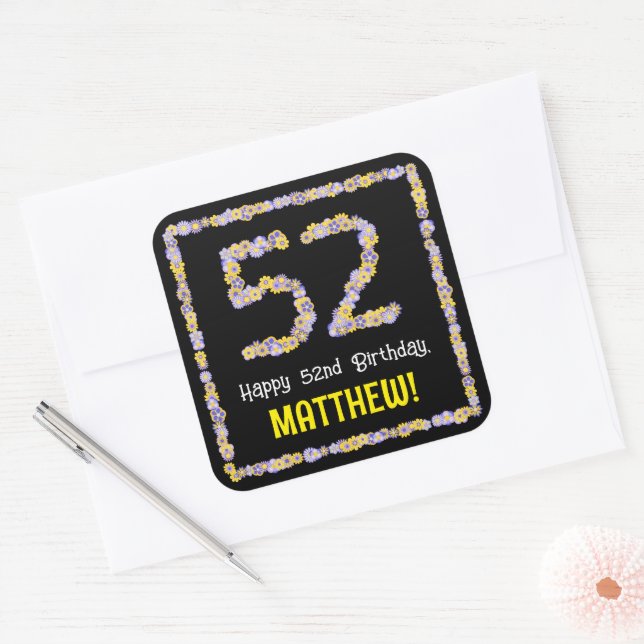 52nd Birthday: Floral Flowers Number, Custom Name Square Sticker (Envelope)