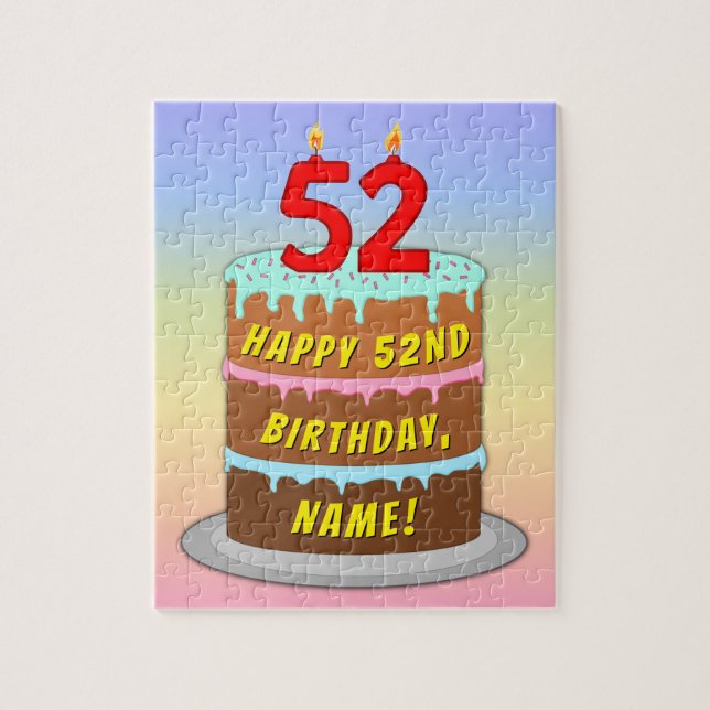 52nd Birthday: Fun Cake and Candles + Custom Name Jigsaw Puzzle (Vertical)