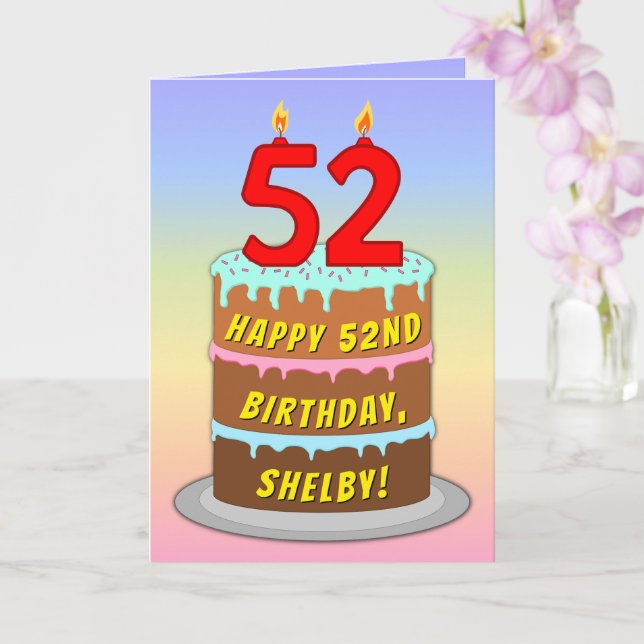 52nd Birthday — Fun Cake & Candles, w/ Custom Name Card (Orchid)