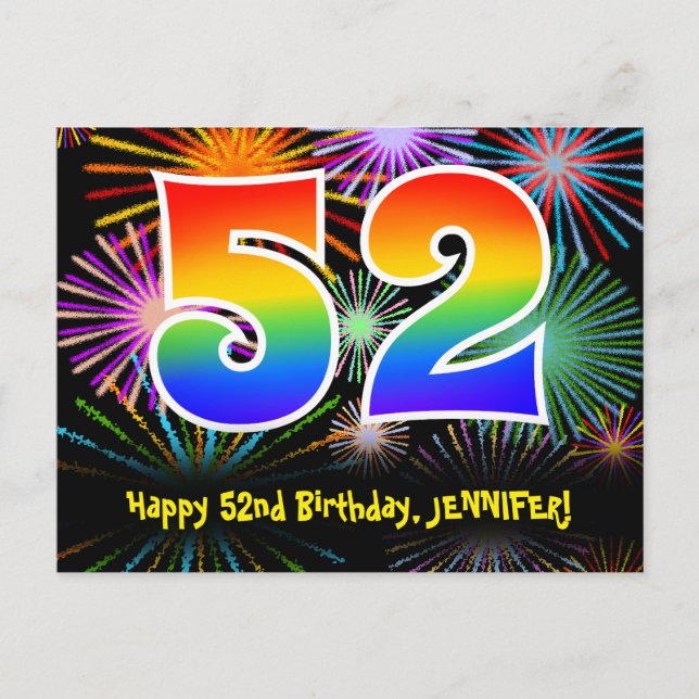 52nd Birthday – Fun Fireworks Pattern + Rainbow 52 Postcard (Front)