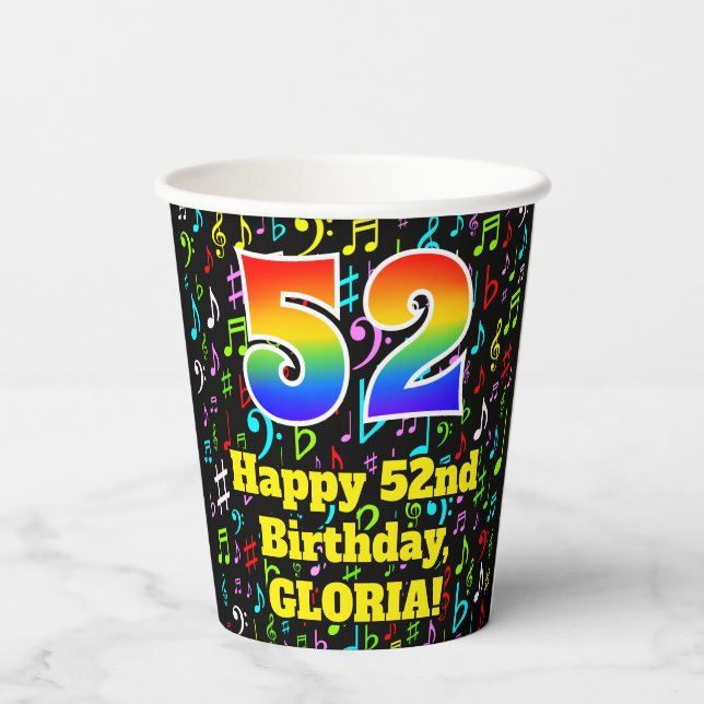 52nd Birthday: Fun Music Notes Pattern, Rainbow 52 Paper Cups (Back)