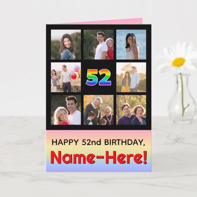 52nd Birthday: Fun Rainbow #, Custom Photos + Name Card (Small Plant)