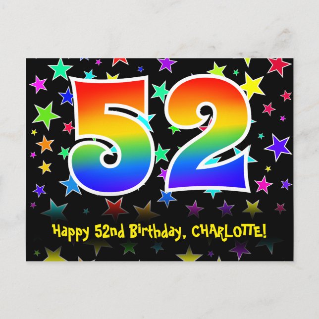 52nd Birthday: Fun Stars Pattern, Rainbow 52, Name Postcard (Front)