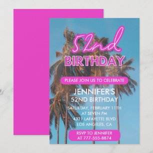 52nd birthday invitation Summer Pink Palm tree