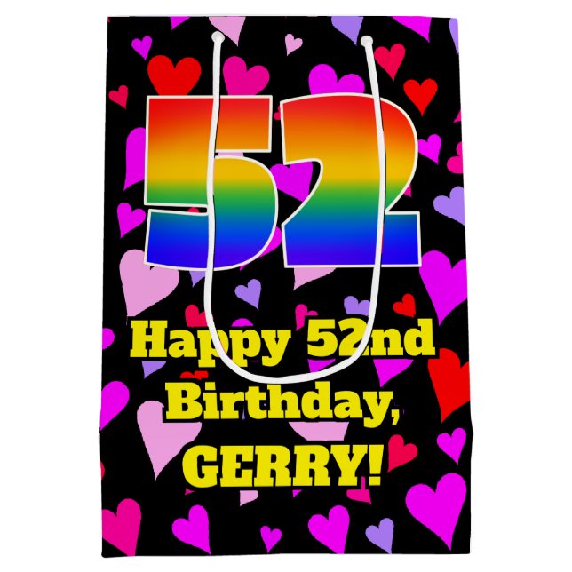 52nd Birthday: Loving Hearts Pattern, Rainbow # 52 Medium Gift Bag (Back)