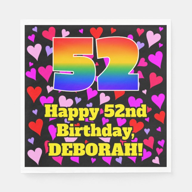 52nd Birthday: Loving Hearts Pattern, Rainbow # 52 Napkin (Front)