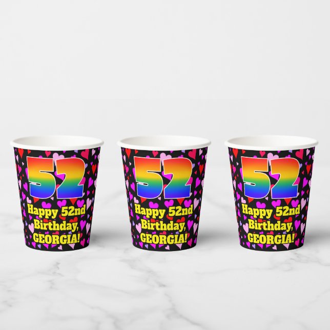52nd Birthday: Loving Hearts Pattern, Rainbow 52 Paper Cups (Multi)