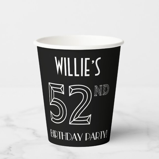 52nd Birthday Party: Art Deco Style + Custom Name Paper Cups (Front)