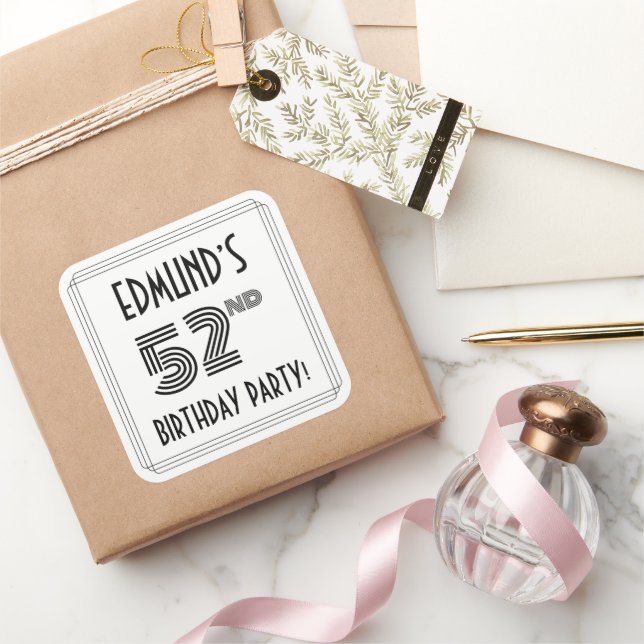52nd Birthday Party: Art Deco Style + Custom Name Square Sticker (Gifting)