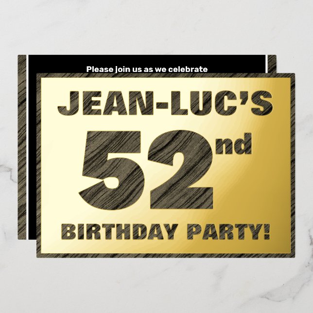 52nd Birthday Party — Bold, Faux Wood Grain Text (Front/Back)