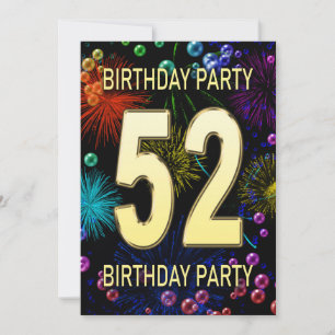 52nd Birthday Party Invitation Fireworks Bubbles