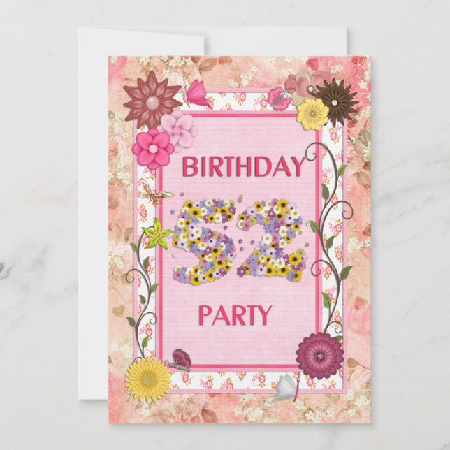 52nd birthday party invitation with floral frame (Front)
