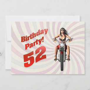 52nd birthday party with a girl on a motorbike invitation