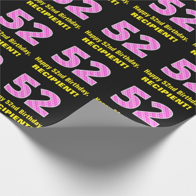 52nd Birthday: Pink Stripes and Hearts "52" + Name Wrapping Paper (Corner)