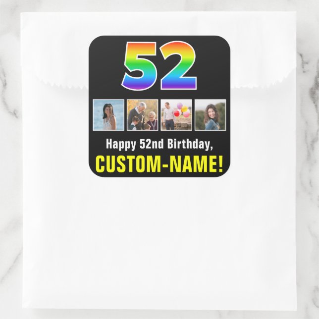 52nd Birthday: Rainbow “52”; Custom Photos & Name Square Sticker (Bag)