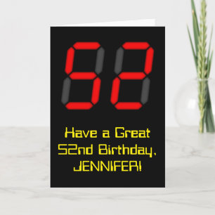 52nd Birthday: Red Digital Clock Style "52" + Name Card