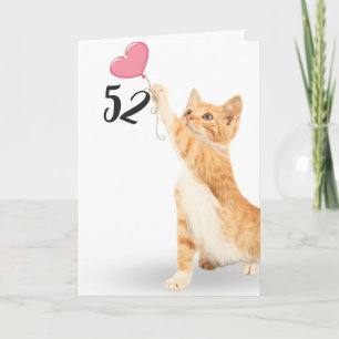 52nd birthday tabby cat with heart balloon card