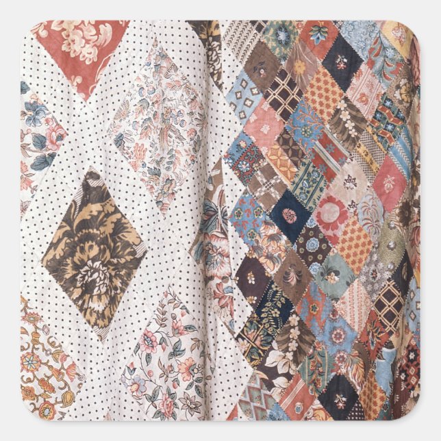 53:Detail of a patchwork quilt made by Mrs Square Sticker (Front)