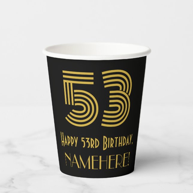 53rd Birthday: Art Deco Inspired Look “53” & Name Paper Cups (Back)