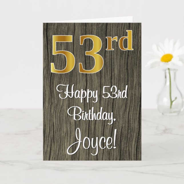 53rd Birthday: Elegant Faux Gold Look #, Faux Wood Card (Small Plant)