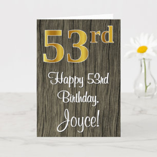 53rd Birthday: Elegant Faux Gold Look #, Faux Wood Card