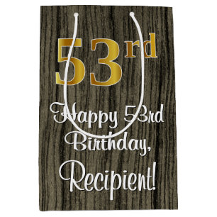 53rd Birthday: Elegant Faux Gold Look #, Faux Wood Medium Gift Bag